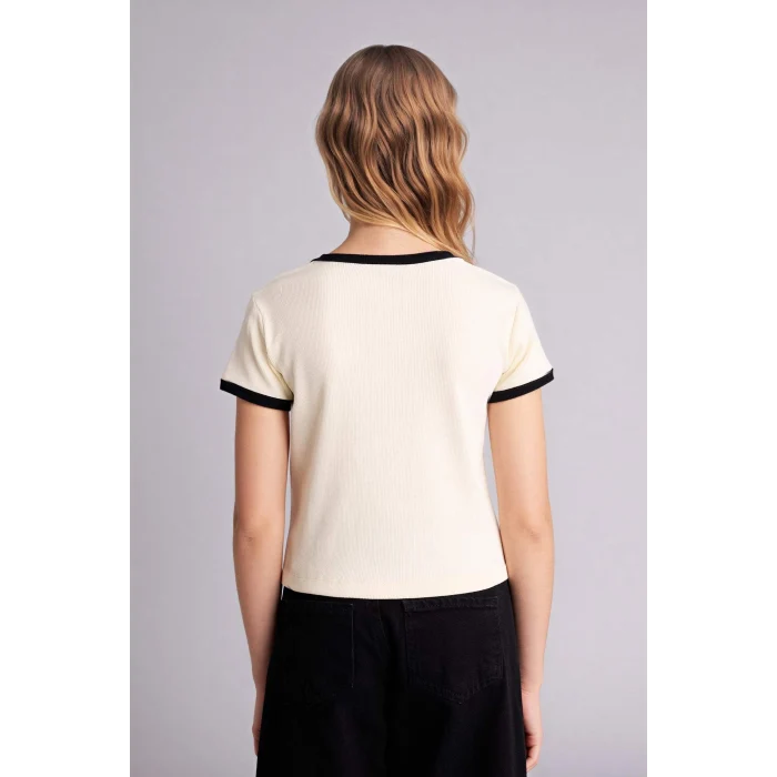 Defacto D8542A8ER98 Ekru Slım Fıt Baskılı Fitilli Kaşkorse Tişört Kız Çocuk