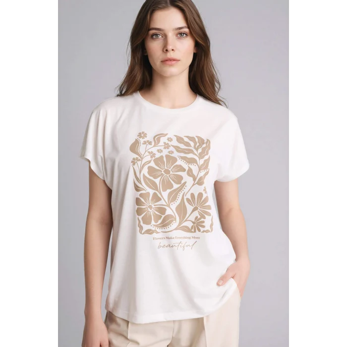 Defacto G8804AXER105 Ekru Bisiklet Yaka Çiçekli Kısa Kollu Tişört