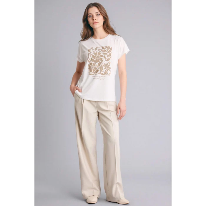 Defacto G8804AXER105 Ekru Bisiklet Yaka Çiçekli Kısa Kollu Tişört