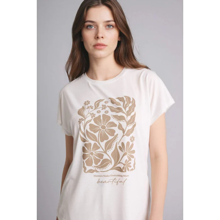 Defacto G8804AXER105 Ekru Bisiklet Yaka Çiçekli Kısa Kollu Tişört