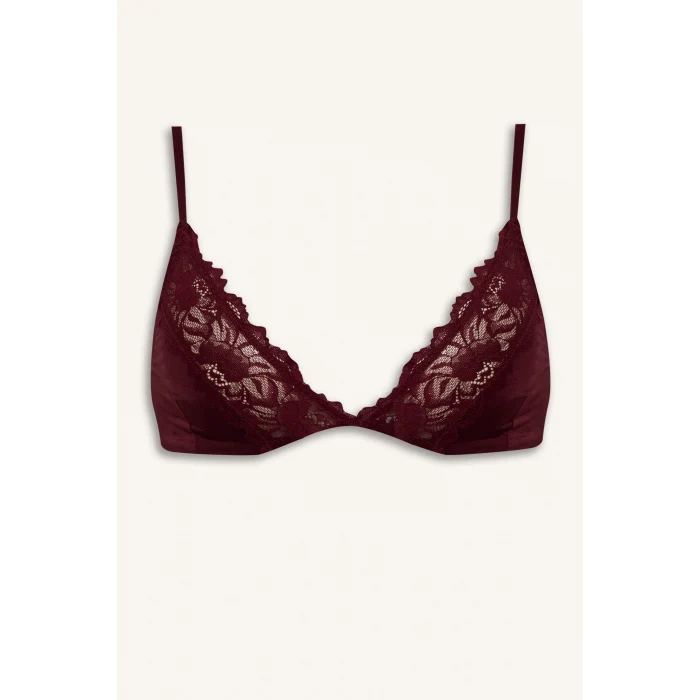 Defacto F9387AXBR210 Bordo Dantel Detaylı Saten Kapsız Pedsiz Balensiz Bralet