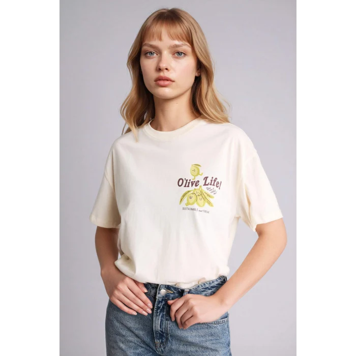 Defacto G2471AXER103 Ekru Oversıze Baskılı Kısa Kollu Tişört