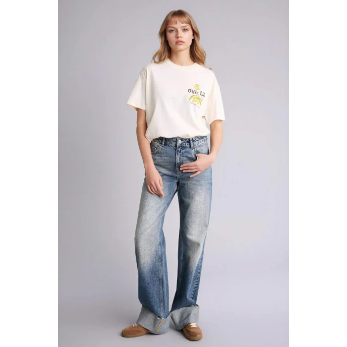 Defacto G2471AXER103 Ekru Oversıze Baskılı Kısa Kollu Tişört