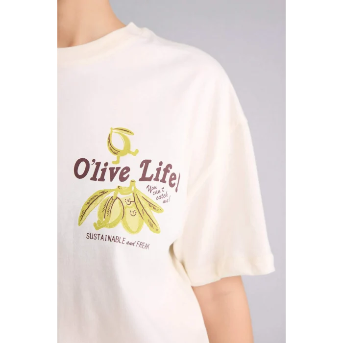 Defacto G2471AXER103 Ekru Oversıze Baskılı Kısa Kollu Tişört