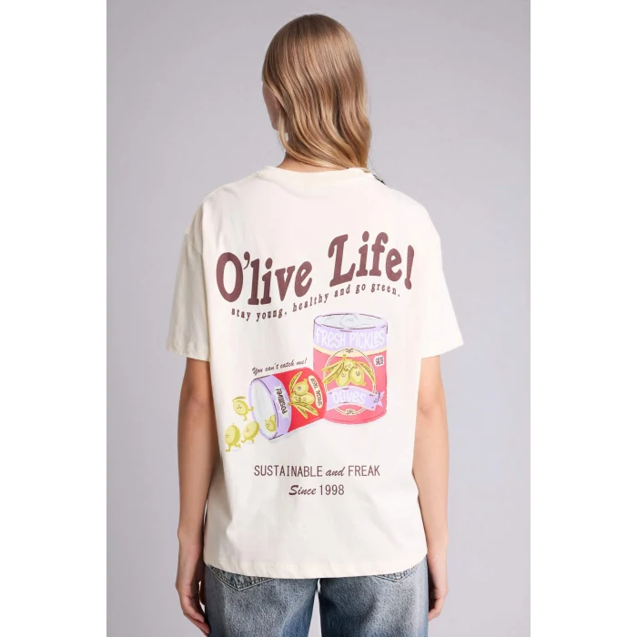 Defacto G2471AXER103 Ekru Oversıze Baskılı Kısa Kollu Tişört