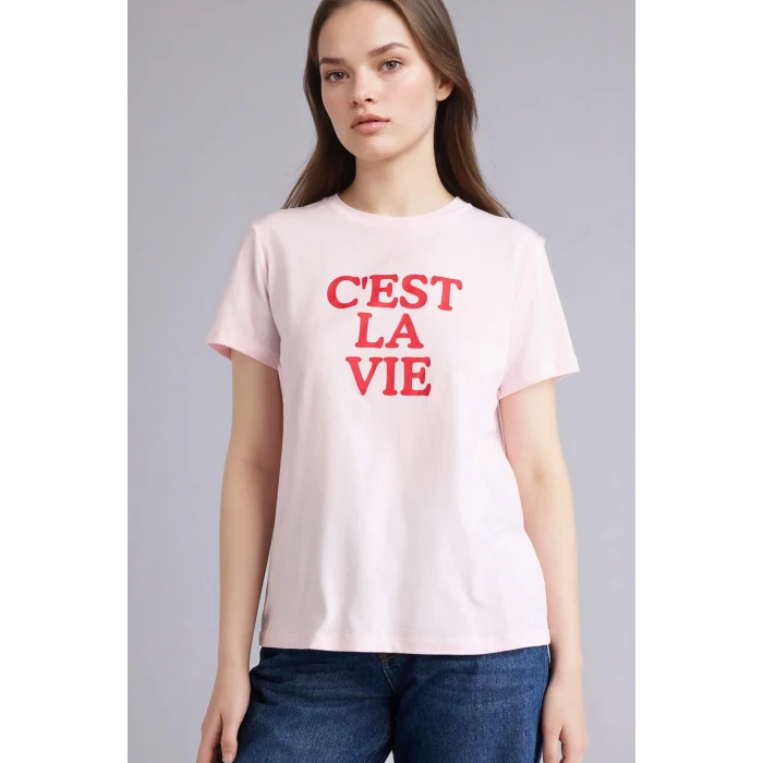 Defacto H1922AXPN671 Pembe Slogan Baskılı Penye Kısa Kollu Tişört