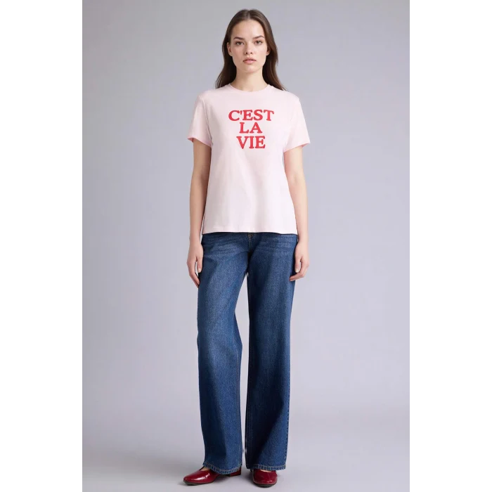 Defacto H1922AXPN671 Pembe Slogan Baskılı Penye Kısa Kollu Tişört