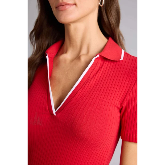 Defacto E5786AXRD70 Kırmızı Slım Fıt Polo Yaka Fitilli Kaşkorse Kısa Kollu Polo Tişört