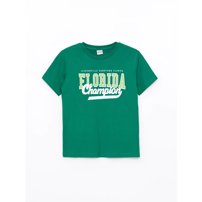 LCW Kids Yeşil Bisiklet Yaka Baskılı Kısa Kollu Erkek Çocuk Tişört