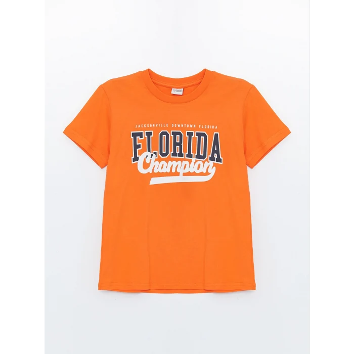 LCW Kids Turuncu Bisiklet Yaka Baskılı Kısa Kollu Erkek Çocuk Tişört