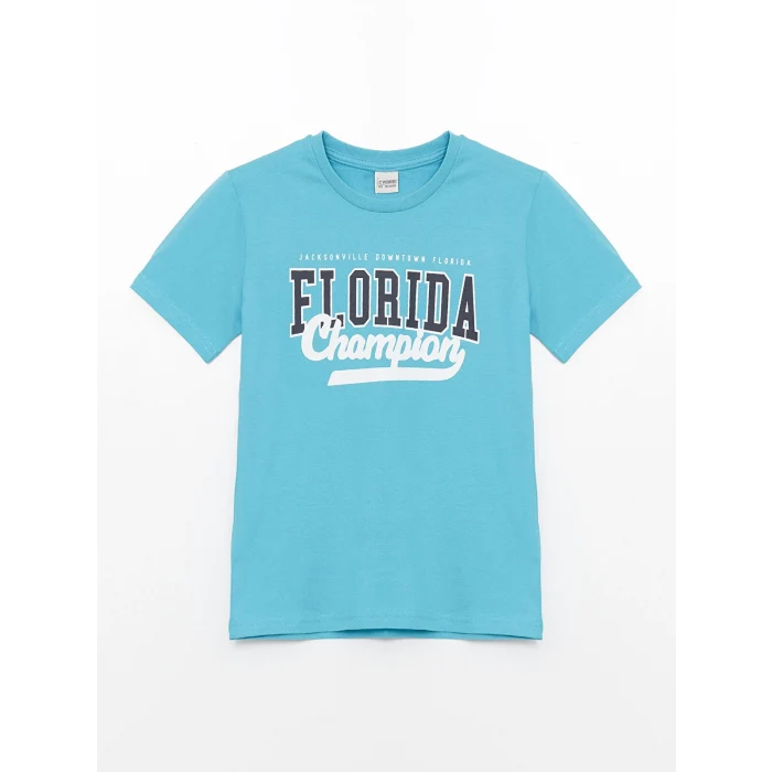 LCW Kids Turkuaz Bisiklet Yaka Baskılı Kısa Kollu Erkek Çocuk Tişört