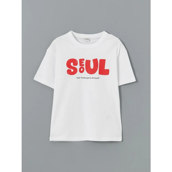 LCW Kids Beyaz Bisiklet Yaka Seoul Baskılı Erkek Çocuk Tişört