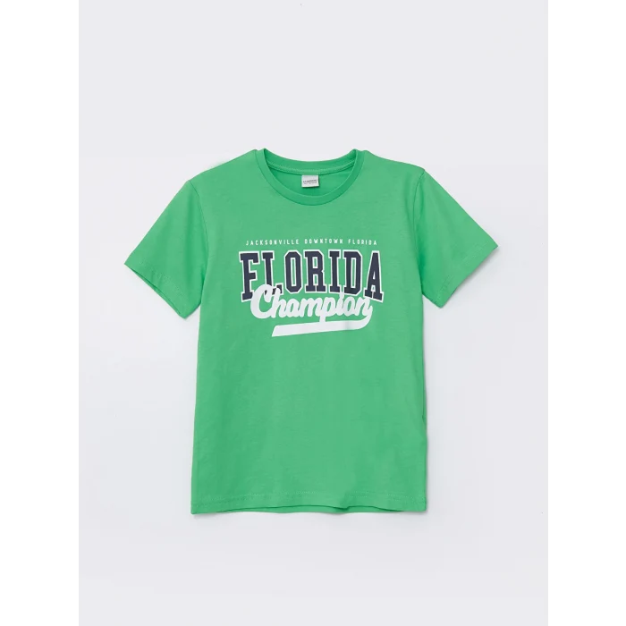 LCW Kids Yeşil Bisiklet Yaka Baskılı Kısa Kollu Erkek Çocuk Tişört