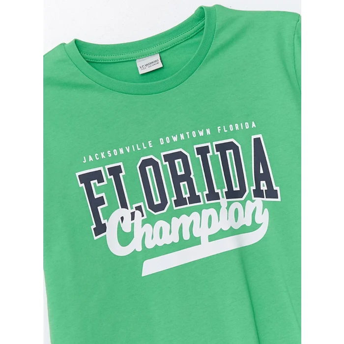 LCW Kids Yeşil Bisiklet Yaka Baskılı Kısa Kollu Erkek Çocuk Tişört