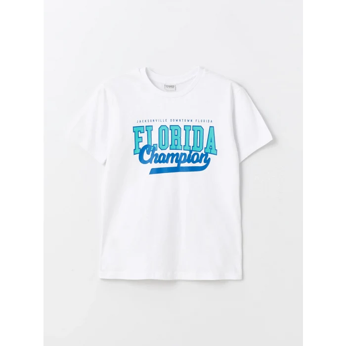 LCW Kids Beyaz Bisiklet Yaka Baskılı Kısa Kollu Erkek Çocuk Tişört