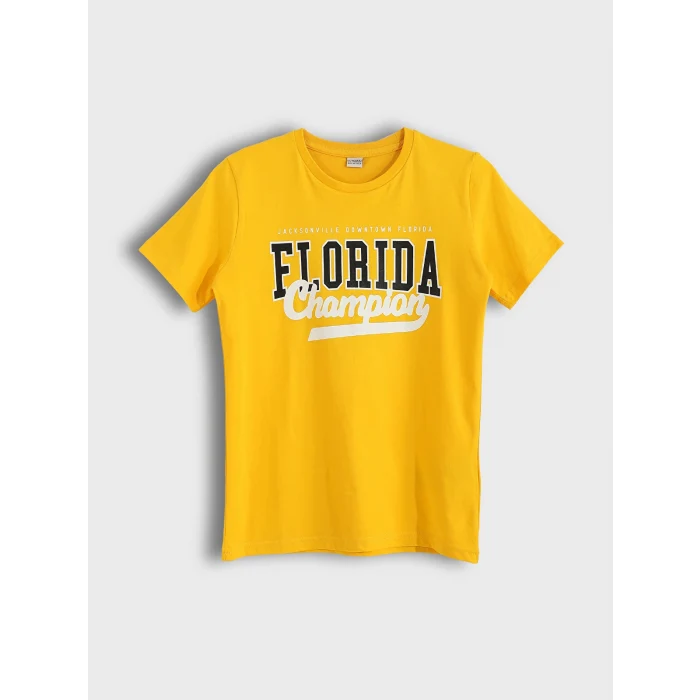 LCW Kids Sarı Bisiklet Yaka Baskılı Kısa Kollu Erkek Çocuk Tişört