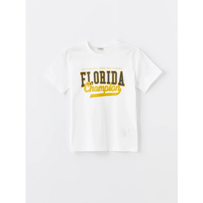 LCW Kids Ekru Bisiklet Yaka Baskılı Kısa Kollu Erkek Çocuk Tişört