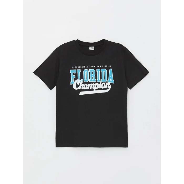 LCW Kids Siyah Bisiklet Yaka Baskılı Kısa Kollu Erkek Çocuk Tişört