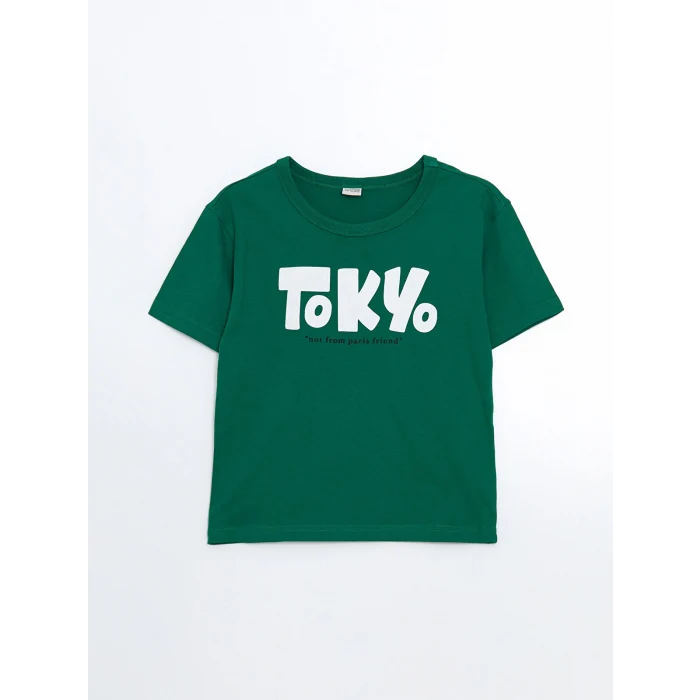 LCW Kids Yeşil Bisiklet Yaka Tokyo Baskılı Erkek Çocuk Tişört