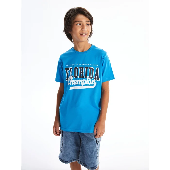 LCW Kids Mavi Bisiklet Yaka Baskılı Kısa Kollu Erkek Çocuk Tişört