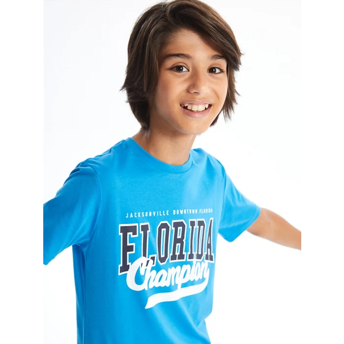 LCW Kids Mavi Bisiklet Yaka Baskılı Kısa Kollu Erkek Çocuk Tişört