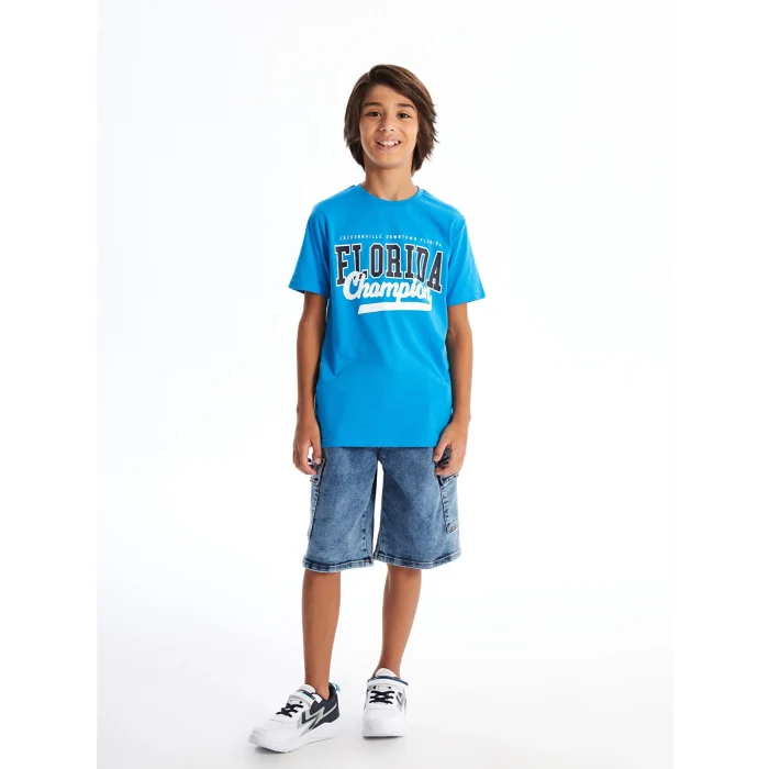 LCW Kids Mavi Bisiklet Yaka Baskılı Kısa Kollu Erkek Çocuk Tişört
