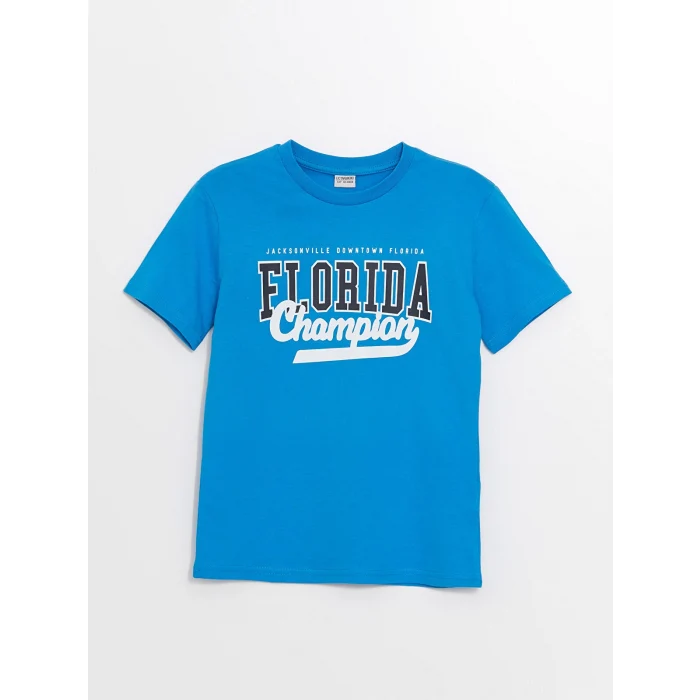 LCW Kids Mavi Bisiklet Yaka Baskılı Kısa Kollu Erkek Çocuk Tişört