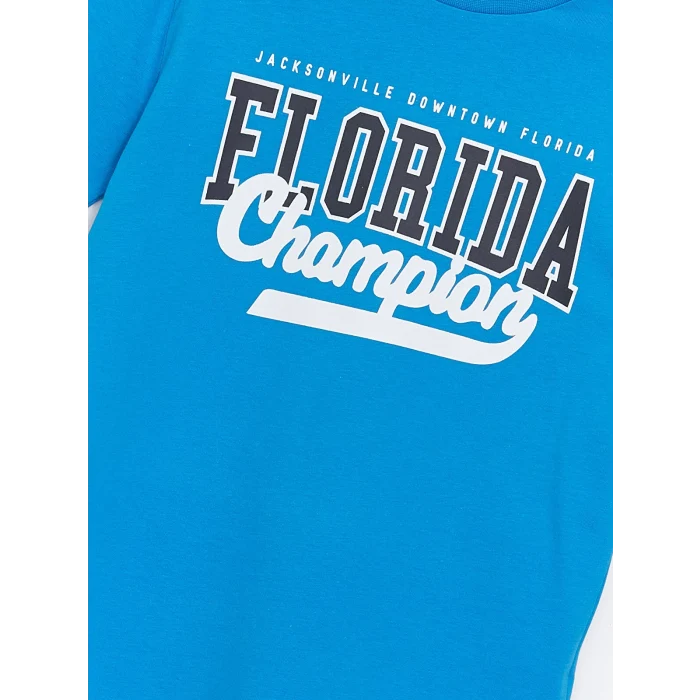 LCW Kids Mavi Bisiklet Yaka Baskılı Kısa Kollu Erkek Çocuk Tişört