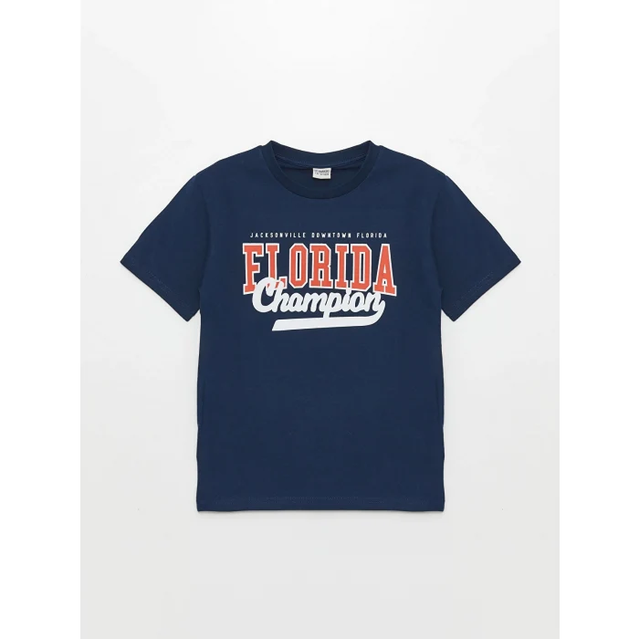 LCW Kids Lacivert Bisiklet Yaka Baskılı Kısa Kollu Erkek Çocuk Tişört