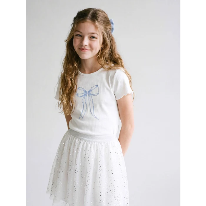 LCW Kids Ekru Fiyonk Baskılı Taşlı Kız Çocuk Fitilli Tişört