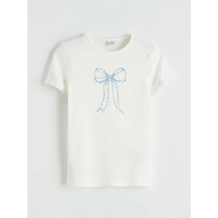 LCW Kids Ekru Fiyonk Baskılı Taşlı Kız Çocuk Fitilli Tişört