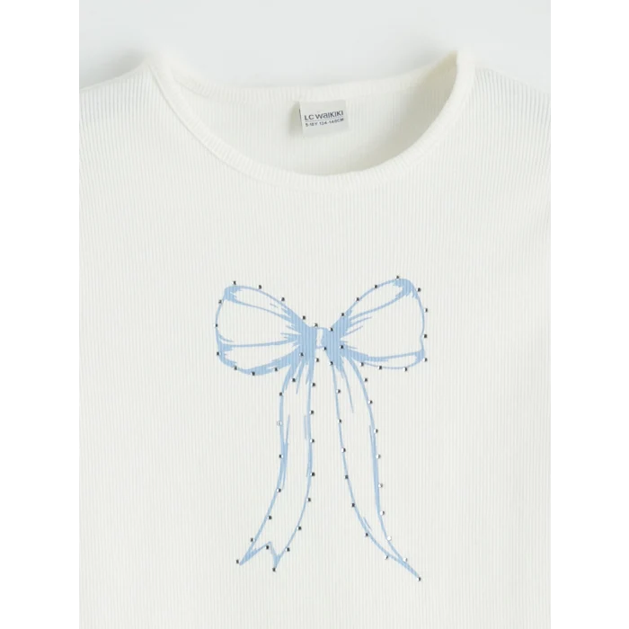 LCW Kids Ekru Fiyonk Baskılı Taşlı Kız Çocuk Fitilli Tişört