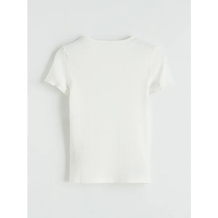 LCW Kids Ekru Fiyonk Baskılı Taşlı Kız Çocuk Fitilli Tişört