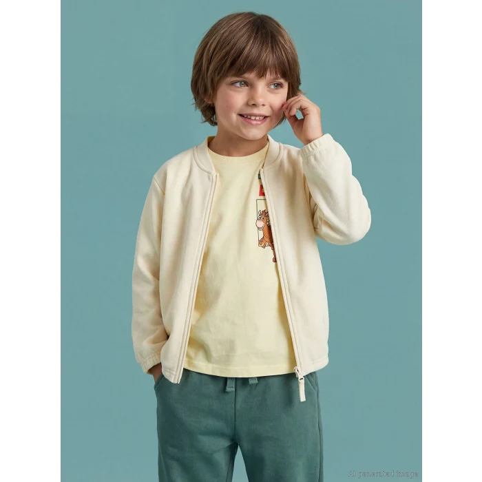 LCW Kids Bej Kolej Yaka Erkek Çocuk Fermuarlı Sweatshirt