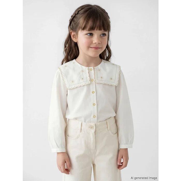 LCW Kids Ekru Çiçek Nakışlı Kız Çocuk Poplin Gömlek