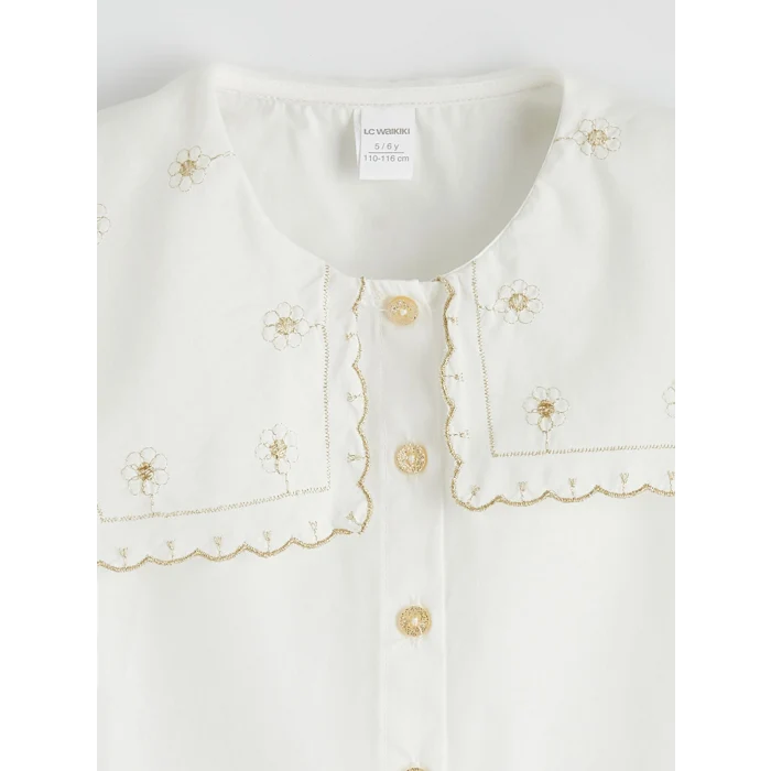 LCW Kids Ekru Çiçek Nakışlı Kız Çocuk Poplin Gömlek