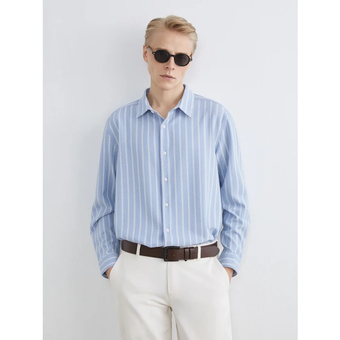 LCW Vision Mavi Regular Fit Çizgili Armürlü Erkek Gömlek