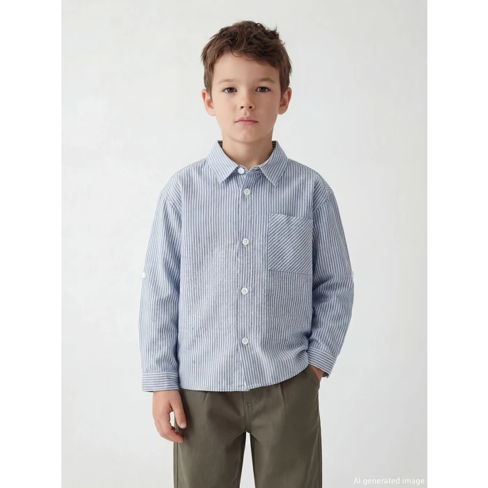 LCW Kids Mavi Çizgili Keten Karışımlı Erkek Çocuk Gömlek