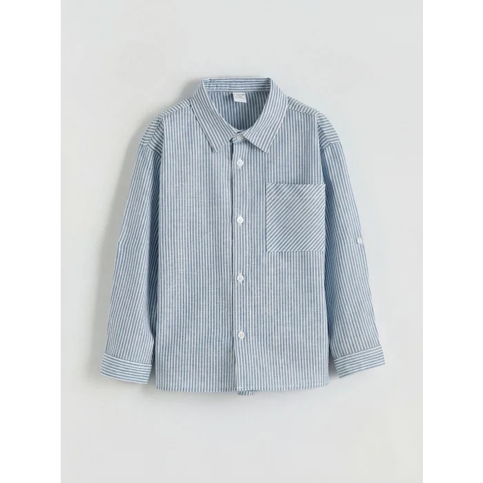 LCW Kids Mavi Çizgili Keten Karışımlı Erkek Çocuk Gömlek