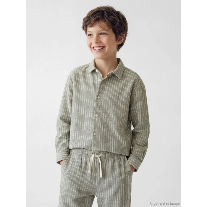 LCW Kids Haki Erkek Çocuk Çizgili Poplin Gömlek