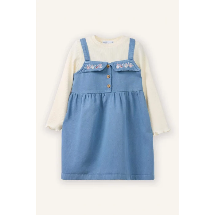 Defacto G8142A5BE746 Mavi 2li Takım Tışört Nakışlı Elbise Kız Bebek