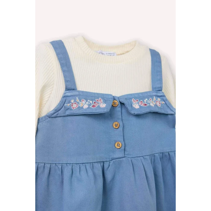 Defacto G8142A5BE746 Mavi 2li Takım Tışört Nakışlı Elbise Kız Bebek