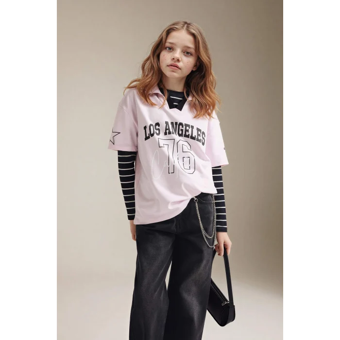 Defacto G8466A8PN74 Pembe Oversıze Polo Yaka Baskılı Tişört Kız Çocuk