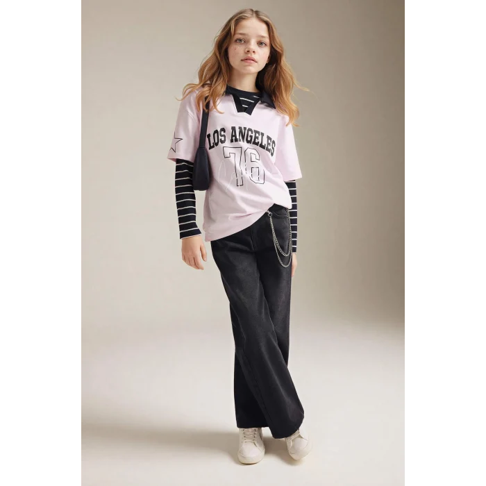 Defacto G8466A8PN74 Pembe Oversıze Polo Yaka Baskılı Tişört Kız Çocuk