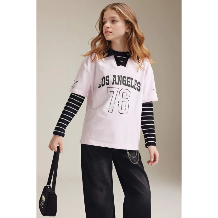Defacto G8466A8PN74 Pembe Oversıze Polo Yaka Baskılı Tişört Kız Çocuk