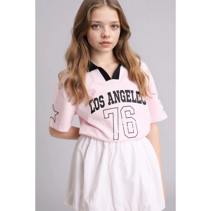 Defacto G8466A8PN74 Pembe Oversıze Polo Yaka Baskılı Tişört Kız Çocuk