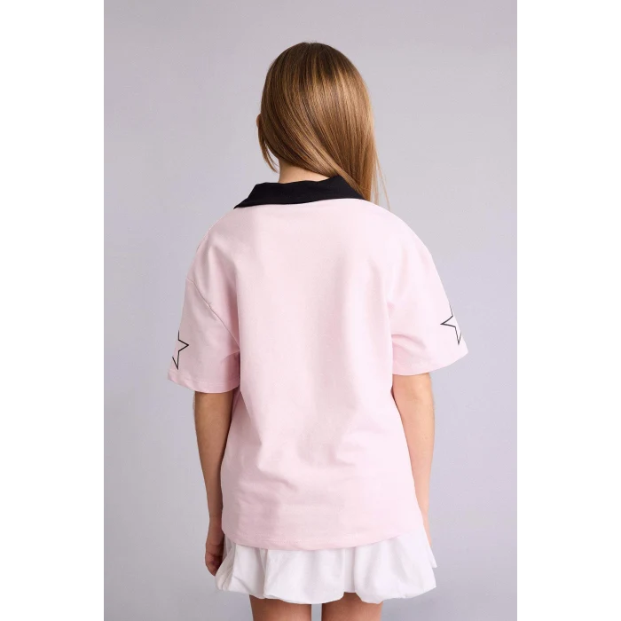 Defacto G8466A8PN74 Pembe Oversıze Polo Yaka Baskılı Tişört Kız Çocuk