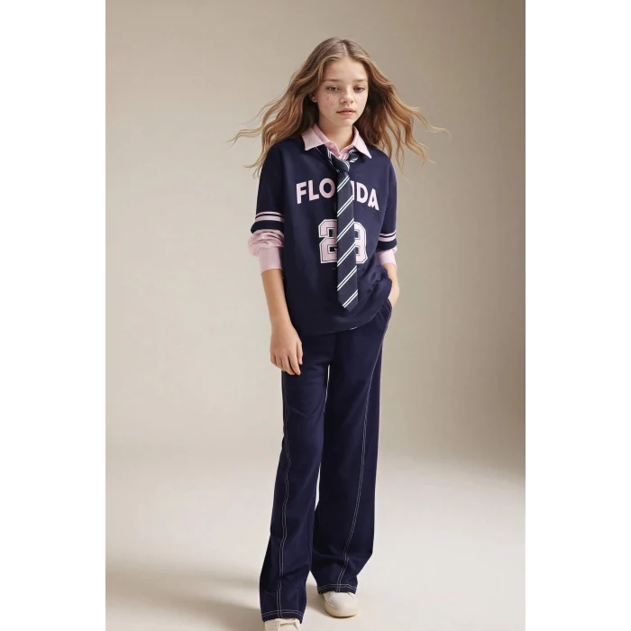 Defacto G8467A8NV251 Lacivert Oversıze Baskılı Sweatshırt Tişört Kız Çocuk