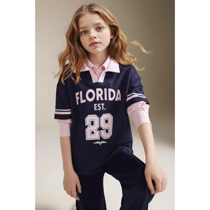 Defacto G8467A8NV251 Lacivert Oversıze Baskılı Sweatshırt Tişört Kız Çocuk