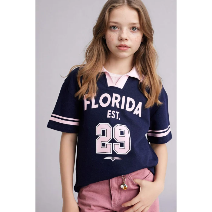 Defacto G8467A8NV251 Lacivert Oversıze Baskılı Sweatshırt Tişört Kız Çocuk